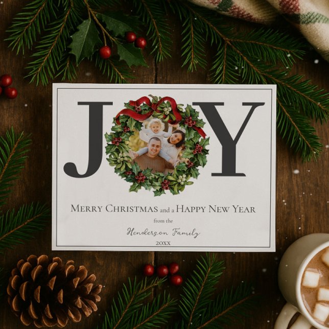 White Joy Christmas Wreath Foto Feiertagskarte (White Joy Christmas Wreath Photo Holiday Card)
