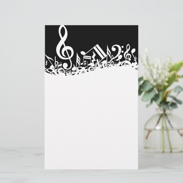 White Jumbled Musical Notes on Black Briefpapier (Stehend Vorderseite)