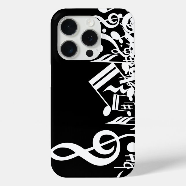 White Jumbled Musical Notes on Black iPhone 15 Pro Hülle (Rückseite)