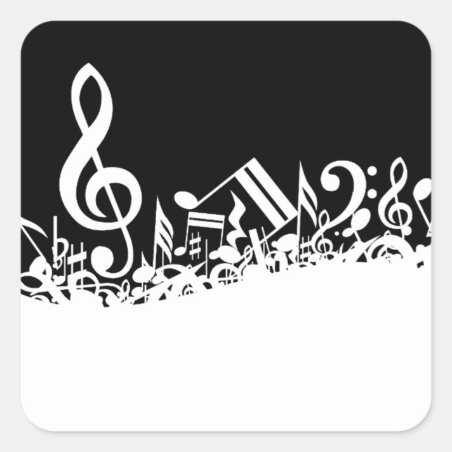 White Jumbled Musical Notes on Black Quadratischer Aufkleber (Vorderseite)