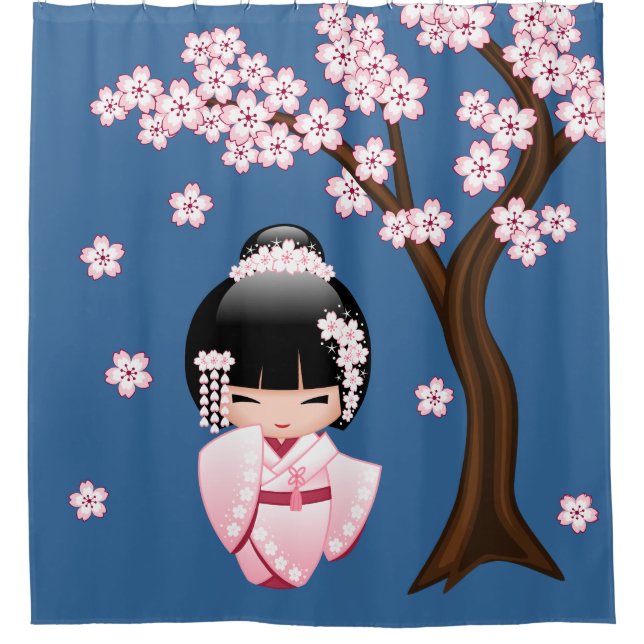 White Kimono Kokeshi Doll Niedlich Geisha Girl Blu Duschvorhang (Vorderseite)