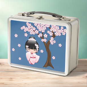 White Kimono Kokeshi Doll Niedlich Geisha Girl Blu Metall Brotdose