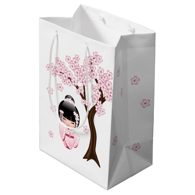 White Kimono Kokeshi Doll Niedlich Geisha Girl Blu Mittlere Geschenktüte (Rückseite Schrägansicht)