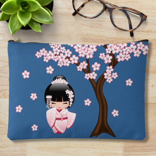 White Kimono Kokeshi Doll Niedlich Geisha Girl Blu Zubehörtasche
