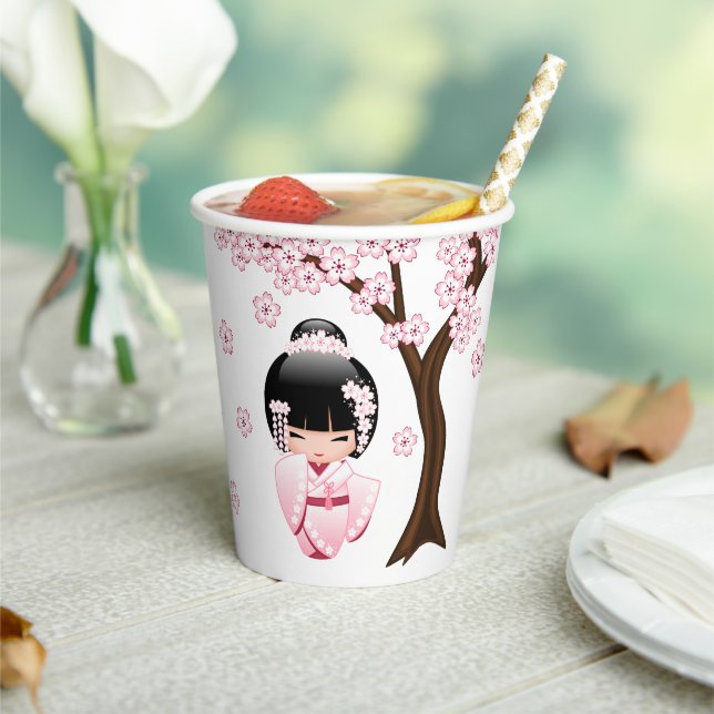 White Kimono Kokeshi Doll - Niedlich Geisha Girl Pappbecher (In Situ)