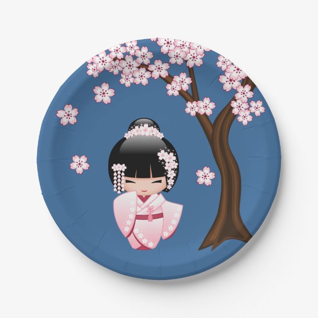 White Kimono Kokeshi Doll - Niedlich Geisha Girl Pappteller (Vorderseite)