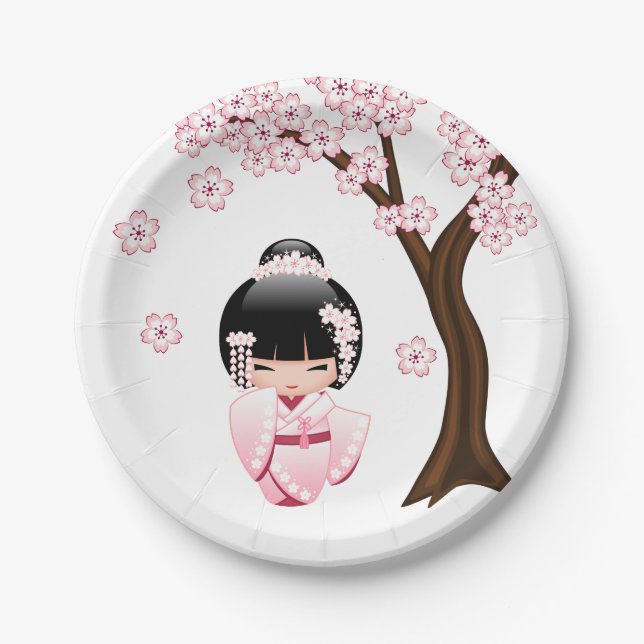 White Kimono Kokeshi Doll - Niedlich Geisha Girl Pappteller (Vorderseite)