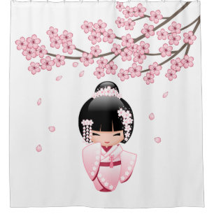 White Kimono Kokeshi Doll Niedlich Geisha Girl Pin Duschvorhang