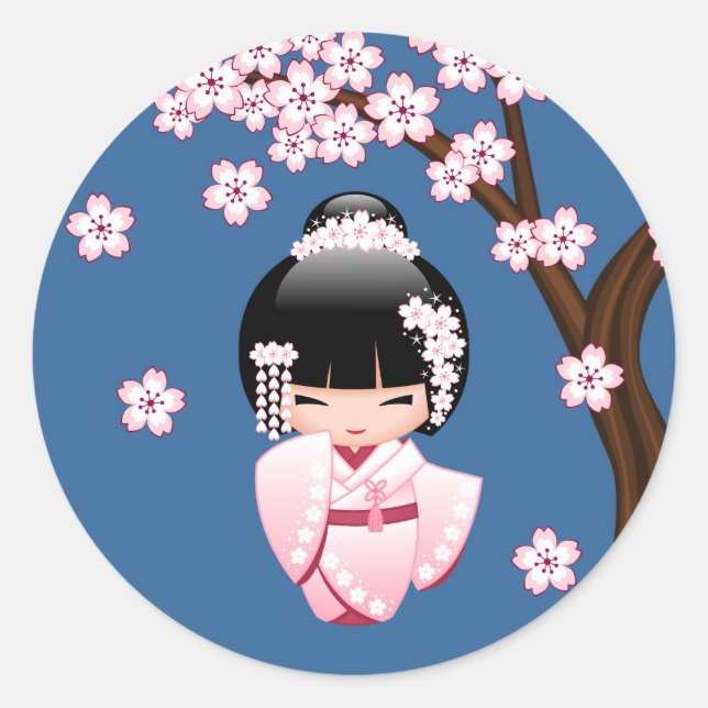 White Kimono Kokeshi Doll - Niedlich Geisha Girl Runder Aufkleber (Vorderseite)