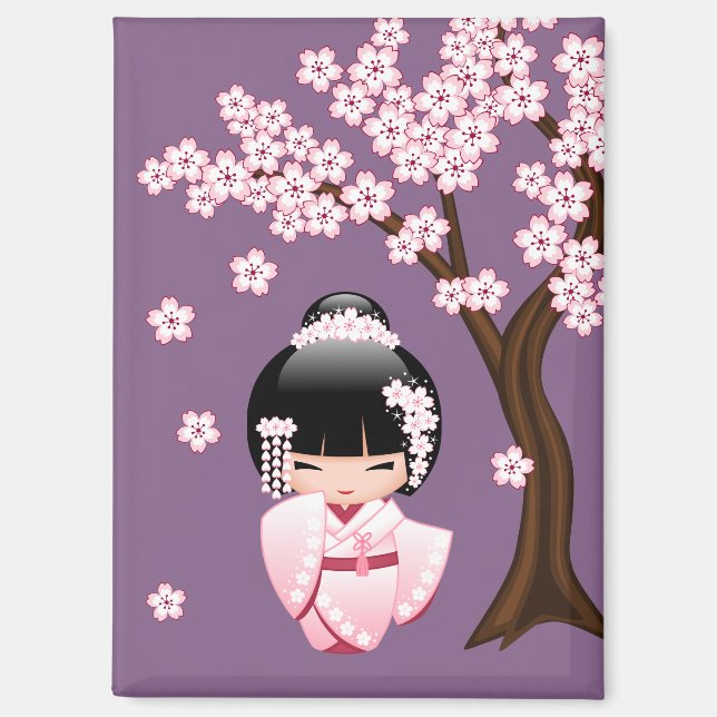 White Kimono Kokeshi Doll - Niedlich Geisha Lila Magnet (Vorderseite)