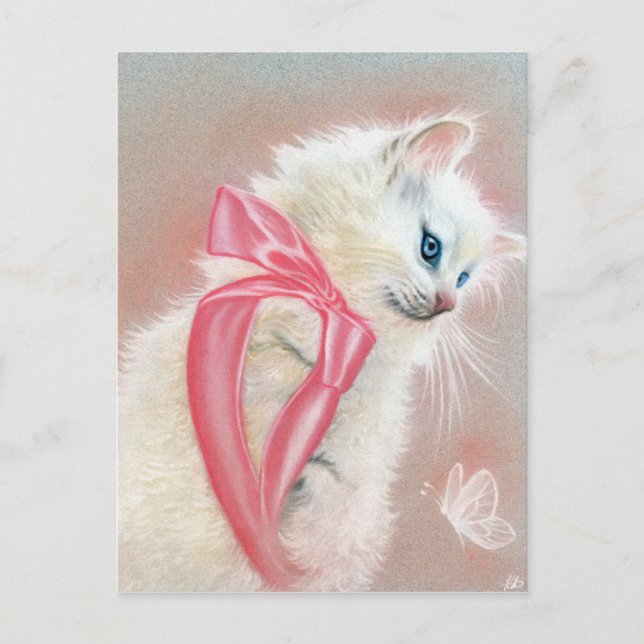 White Kitten Cat Pink Bow Postcard Postkarte (Vorderseite)