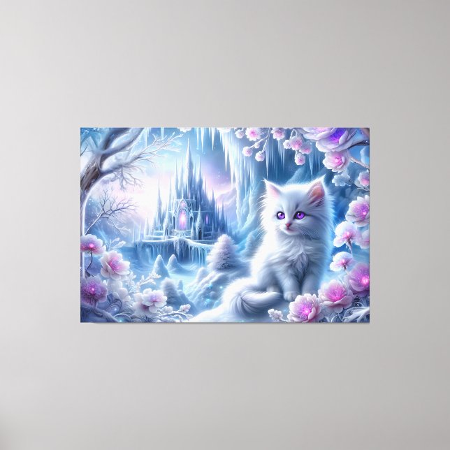 White Kitten in Fantasy Ice Kingdom Leinwanddruck (Vorderseite)