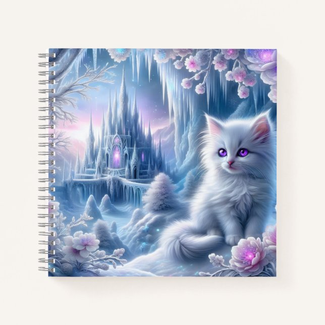 White Kitten in Fantasy Ice Kingdom Notizbuch (Vorderseite)