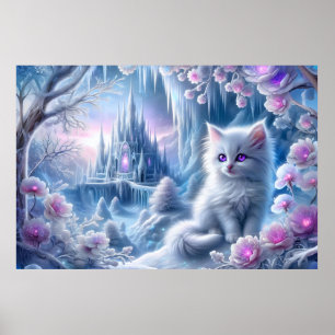 White Kitten in Fantasy Ice Kingdom Poster