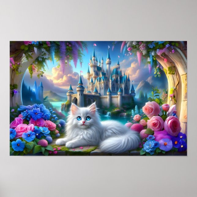 White Kitten in Magical Fantasy Kingdom Poster (Vorne)