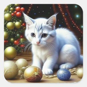 White Kitten Spiel mit Gold Weihnachtsschmuck Quadratischer Aufkleber