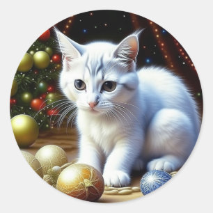 White Kitten Spiel mit Gold Weihnachtsschmuck Runder Aufkleber