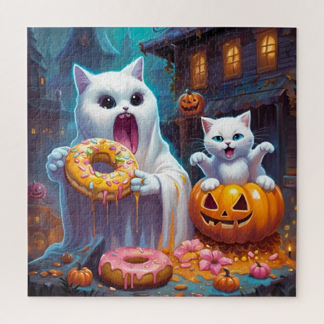 White Kitten und Geist essen Halloween Donuts (Vertikal)