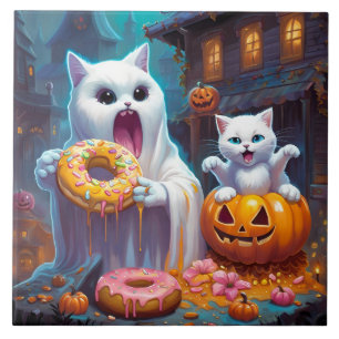 White Kitten und Geist essen Halloween Donuts Fliese