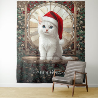 White Kitten with Santa Hat Backdrop Wandteppich