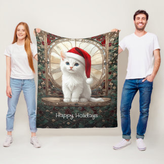 White Kitten with Santa Hat Fleece