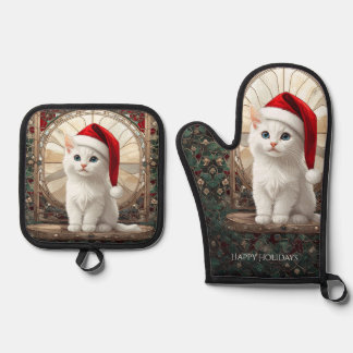 White Kitten with Santa Hat Ofenhandschuh & Topflappen-Set