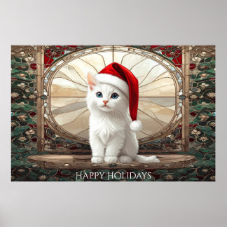 White Kitten with Santa Hat Poster