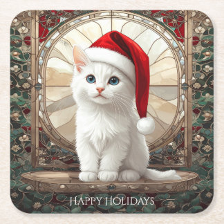 White Kitten with Santa Hat Rechteckiger Pappuntersetzer