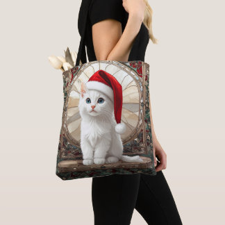White Kitten with Santa Hat Tote Bag Tasche