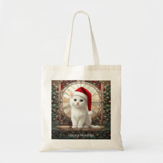 White Kitten with Santa Hat Tote Bag Tragetasche
