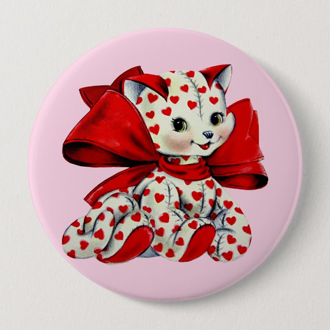 White Kitty Cat Vintag Valentine Art Button (Vorderseite)