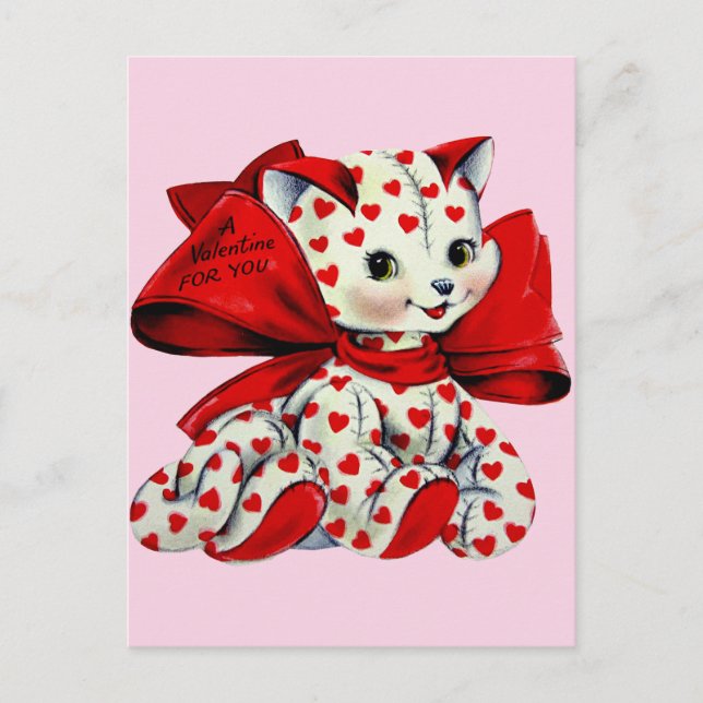 White Kitty Cat Vintag Valentine Art Postkarte (Vorderseite)
