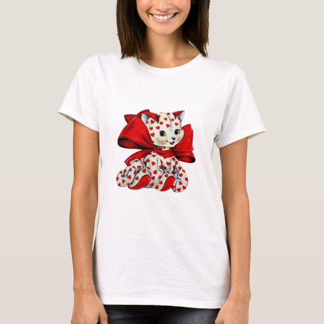 White Kitty Cat Vintag Valentine Art T-Shirt (Vorderseite)