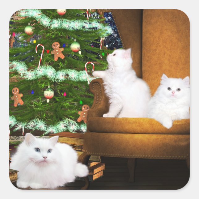 White Kitty Cat Weihnachten Quadratischer Aufkleber (Vorderseite)