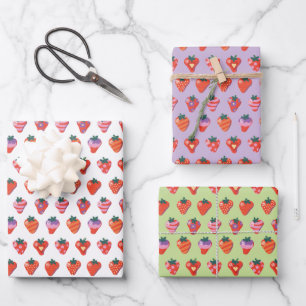 White-Kiwi-Plum Illustrierte Erdbeere Geschenkpapier Set