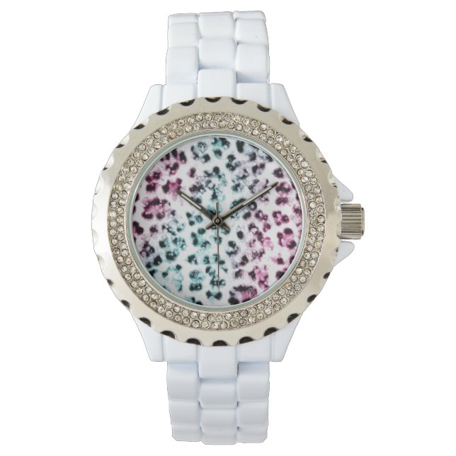 White Kristall Leopard Print Armbanduhr (Vorderseite)