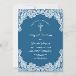 White Lace auf Blue Religious Wedding Einladung