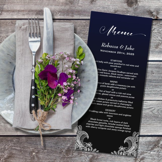 White Lace Black and Blue Wedding Menu Menükarte (Von Creator hochgeladen)