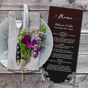 White Lace Black und Burgund Wedding Menu Menükarte
