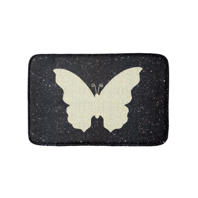 White Lace Butterfly auf schwarzem Glitzer Bath Ma Badematte (Vorderseite)