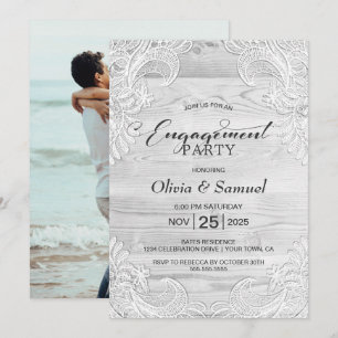 White Lace Custom Foto Wood Engagement Party Einladung
