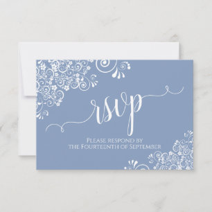 White Lace Dusty Blue Elegante Calligraphy Wedding RSVP Karte