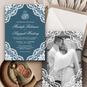 White Lace Dusty Blue Muslim Wedding Foto Einladung