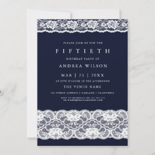 White Lace Elegant Navy Blue 50. Geburtstag Einlad Einladung