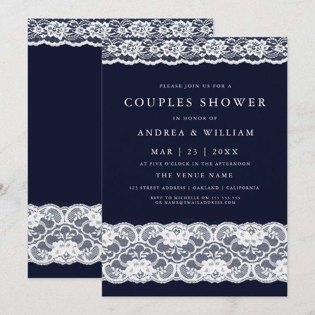 White Lace Elegante Moderne Navy Blue Couples Dusc Einladung (Vorne/Hinten)