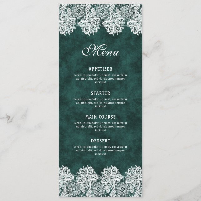 White Lace Emerald Green Imitats Velvet Classic Me Menükarte (Vorderseite)
