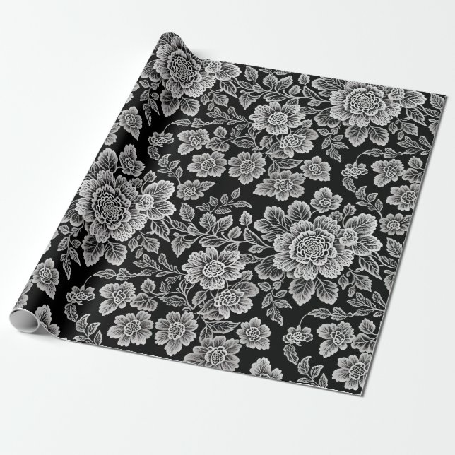 White Lace Florals auf Black Geschenkpapier (Ungerollt)