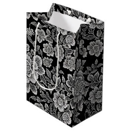 White Lace Florals auf Black Mittlere Geschenktüte