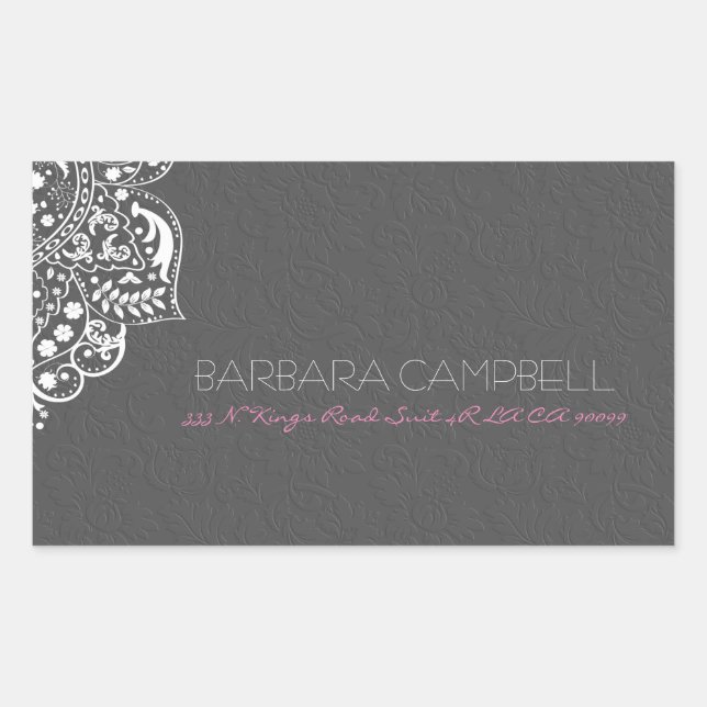 White Lace Gray Floral Damask Rechteckiger Aufkleber (Vorderseite)