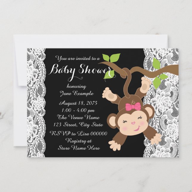 White Lace Monkey Baby Girl Dusche Einladung (Vorderseite)